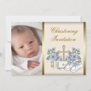 Elfenbeinfarben Blaue Goldene Baby Junge Foto Tauf Einladung