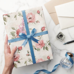 Elfenbeinfarbene Rosen in Rosa Florales Brautbad Geschenkpapier