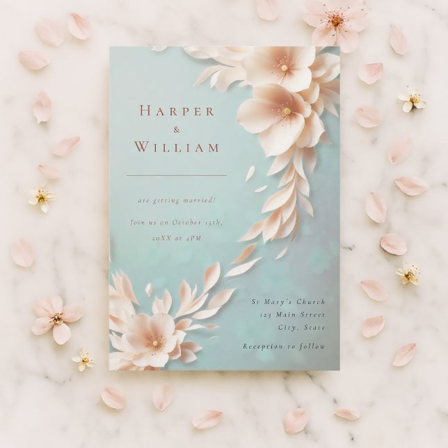 Elfenbeinflorale, die zu einer Hochzeit einladen Einladung (Romantic spring wedding invitation with blush florals on pastel—perfect for elegant couples.)