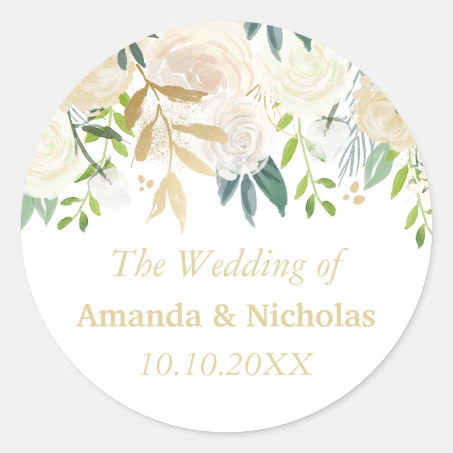 Elfenbeinflorale Rose Hochzeit personalisiert Runder Aufkleber (Vorderseite)