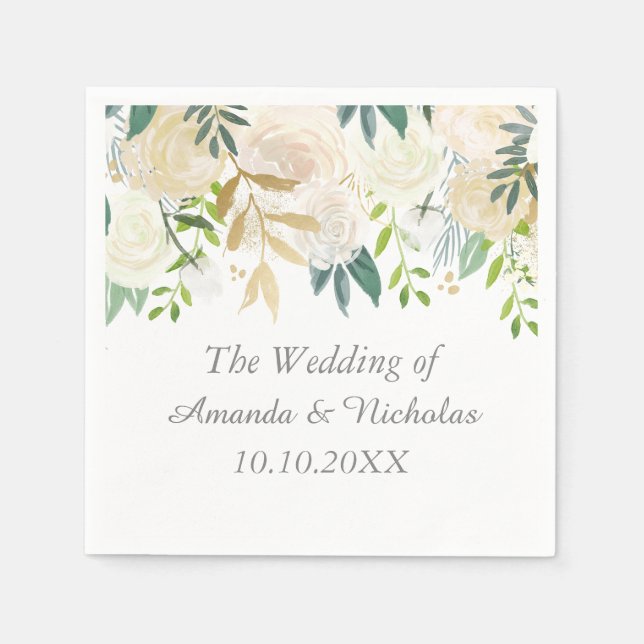 Elfenbeinflorale Rose Hochzeit personalisiert Serviette (Vorderseite)