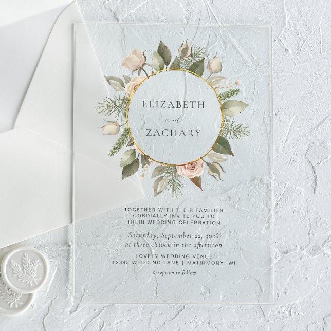 Elfenbeinflorale Wasserfarbengoldene Circle Weddin Acryleinladungen (Von Creator hochgeladen)