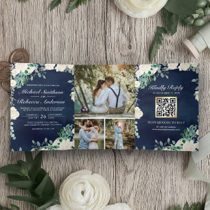 Elfenbeinfloralsage Green Navy Blue QR Code Hochze Dreifach Gefaltete Einladung
