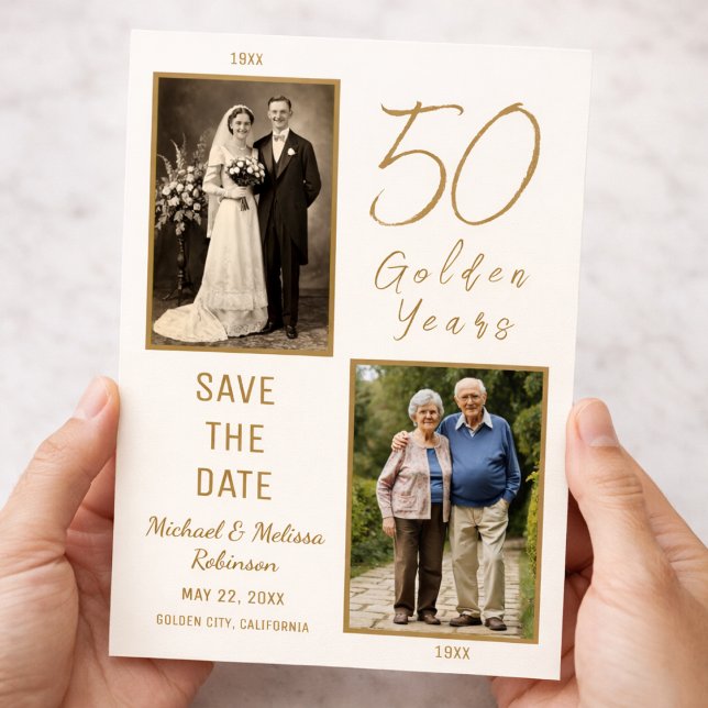 Elfenbeingold 50. Jubiläum Vormerktermin Postkarte (Classic 50th wedding anniversary save the date postcard)