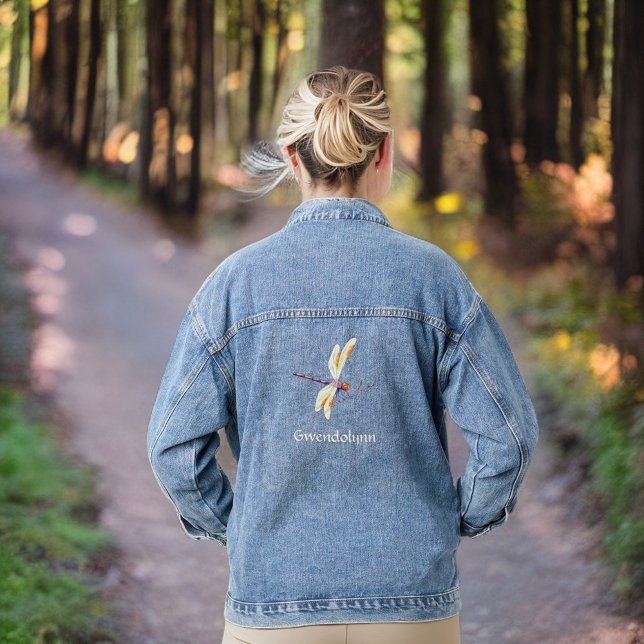 Elfenbeingold und Lila Libelle mit Monogrammname Jeansjacke (Von Creator hochgeladen)