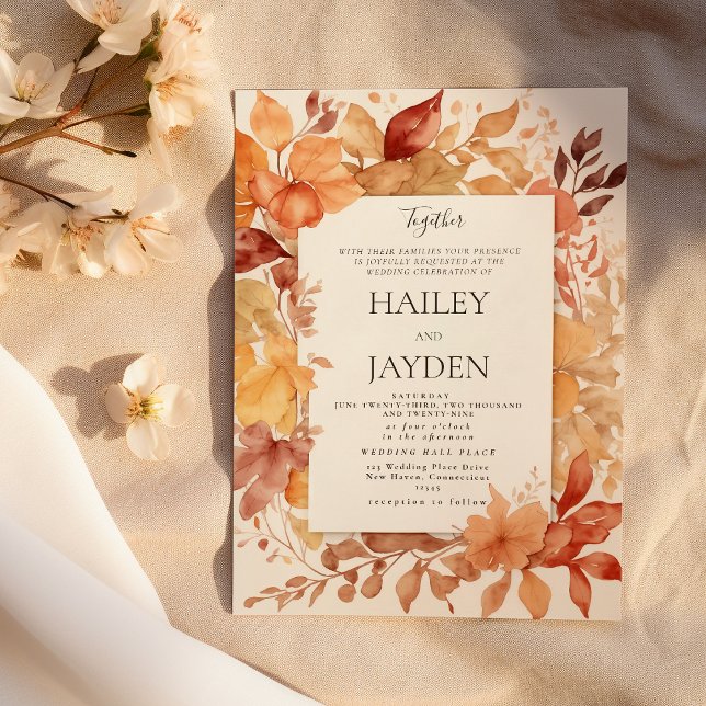 Elfenbeingoldbraun Orange Herbst verlässt Hochzeit Einladung (Ivory gold burgundy orange Autumn leaves wedding )
