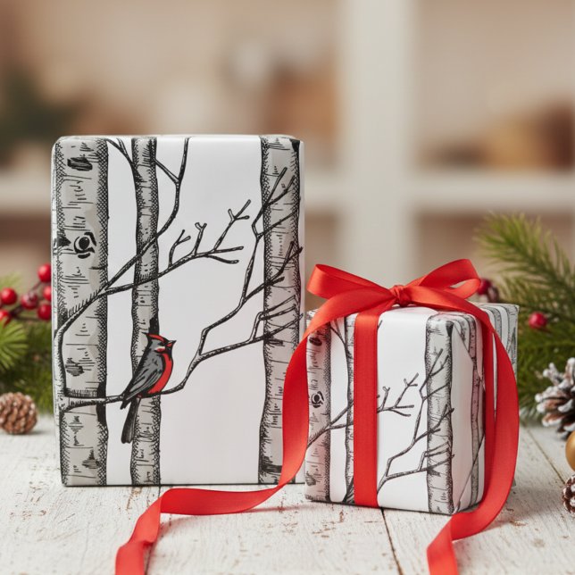 Elfenbeingroße Birkenbäume und Vögel des Roten Kar Geschenkpapier (Festive White Winter Christmas Red Cardinal Wrapping Paper. Elegant Birch Forest Trees Birds Pattern)