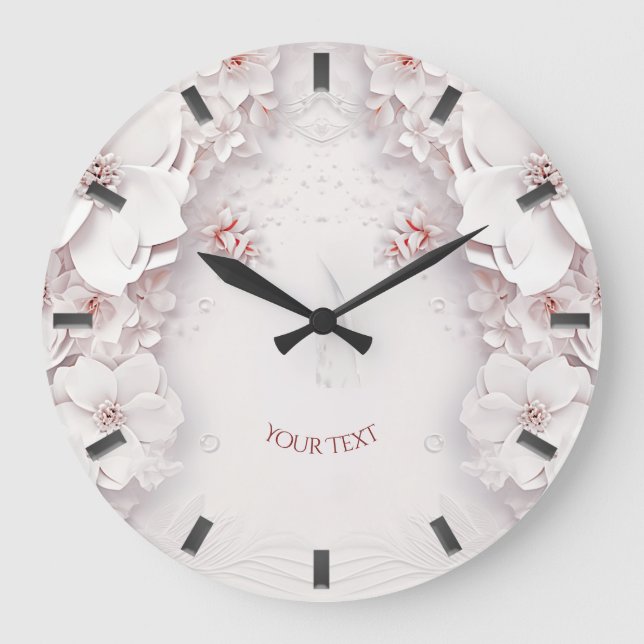 Elfenbeinhalterung Rosa Blumenwall Große Wanduhr (Vorderseite)