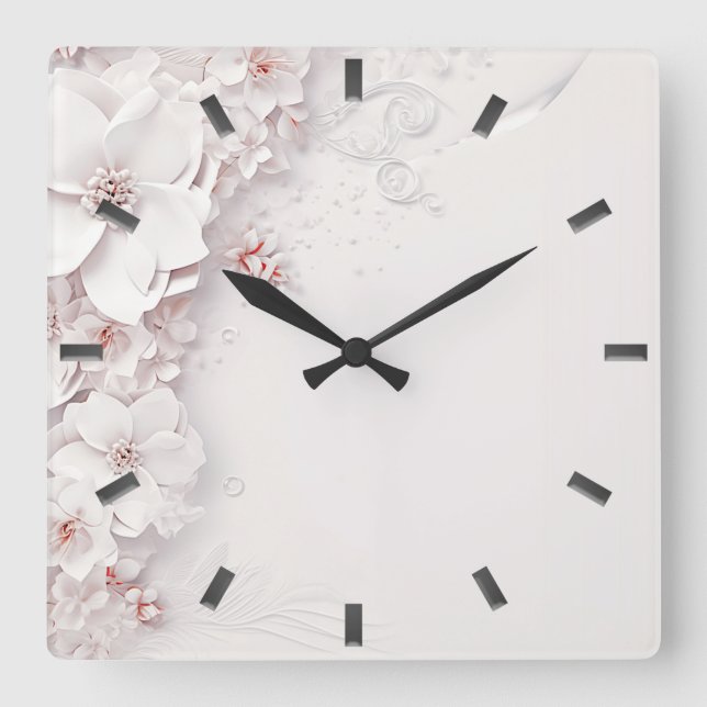Elfenbeinhalterung Rosa Blumenwall Quadratische Wanduhr (Vorderseite)