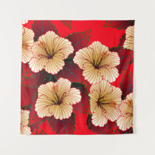 Elfenbeinhibiskusblüten nahtloses Muster auf Rot Wandteppich
