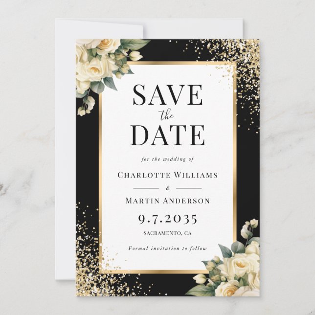 Elfenbeinhochzeit, Rose Black Gold Confetti Save The Date (Vorderseite)
