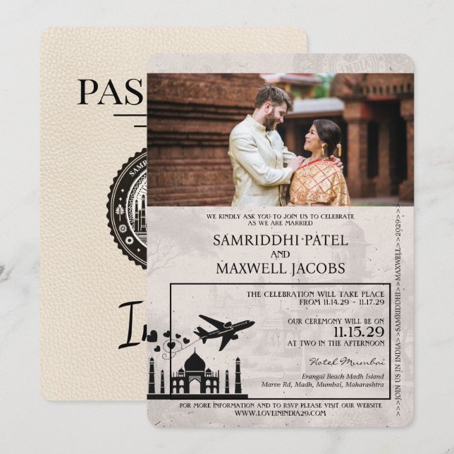 Elfenbeinindischer Pass - Einladung zur Hochzeitsf (Vorne/Hinten)