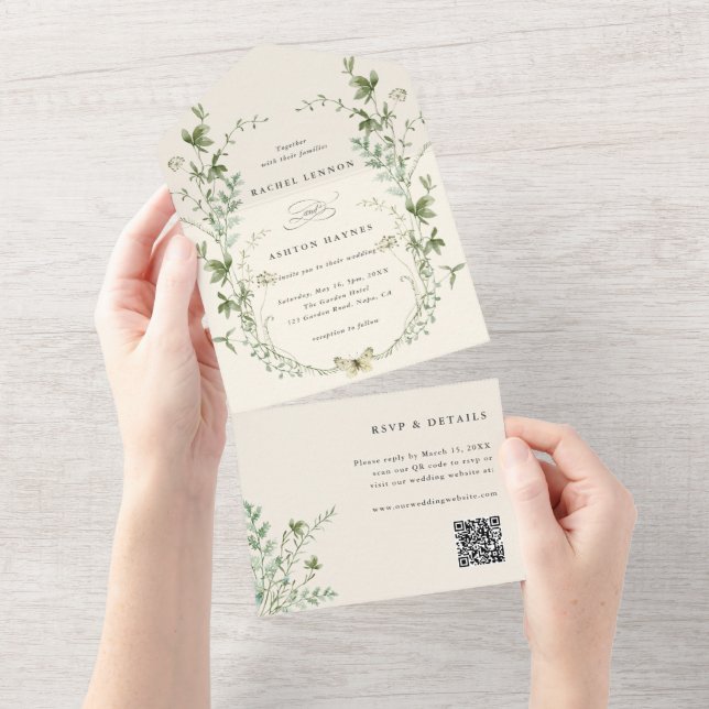 Elfenbeinkühe Elegante Wildblume QR Code Hochzeit All In One Einladung (Abreißen)
