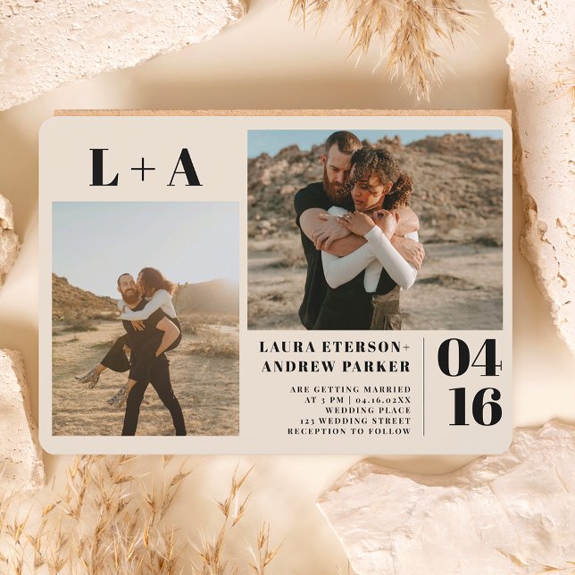 Elfenbeinkühne minimalistische Initialen 2 Fotos H Einladung (Von Creator hochgeladen)