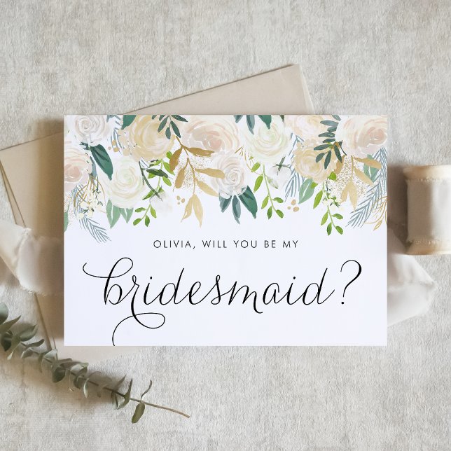 Elfenbeinküste Blume Elegant wirst du meine Brides Karte (Floral bridesmaid card with watercolor ivory flowers, greenery, and faux gold foil accent.)