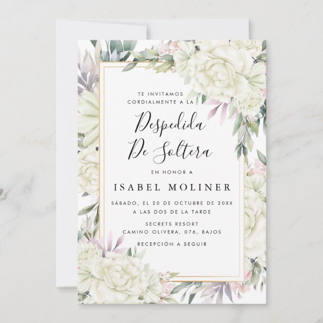 Elfenbeinküste Rose Blumengold Spanisches Brautpar Einladung (Vorderseite)