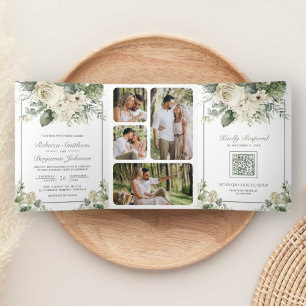 Elfenbeinküste Rose Sage Green Floral Foto QR Code Dreifach Gefaltete Einladung