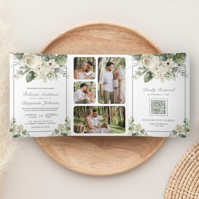 Elfenbeinküste Rose Sage Green Floral Foto QR Code Dreifach Gefaltete Einladung (Von Creator hochgeladen)