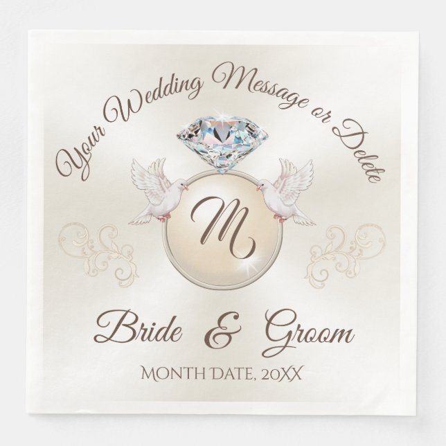 Elfenbeinmonogramm HochzeitsNapkins, Diamantring Serviette (Vorderseite)