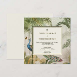 Elfenbeinplatz Tropical Peacock Palm Wedding Einladung