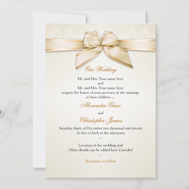 Elfenbeinribbongoldstreifen Hochzeit Einladung S5 (Vorderseite)