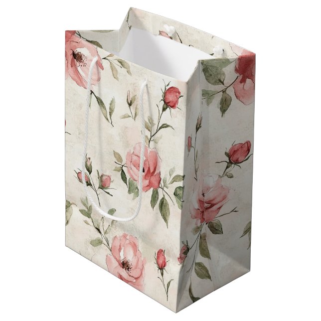 Elfenbeinrosa Roses Brautparty Mittlere Geschenktüte (Vorderseite Schrägansicht)