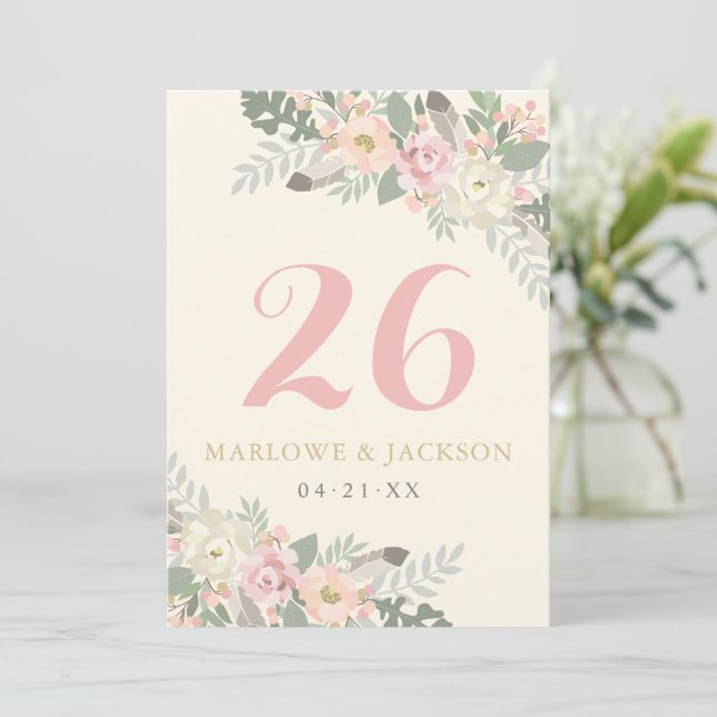 Elfenbeinrosa und Gold Boho Wedding-Tischnummer Einladung (Stehend Vorderseite)