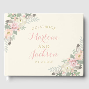 Elfenbeinrosa und Gold Floral Boho Wedding Monogra Gästebuch