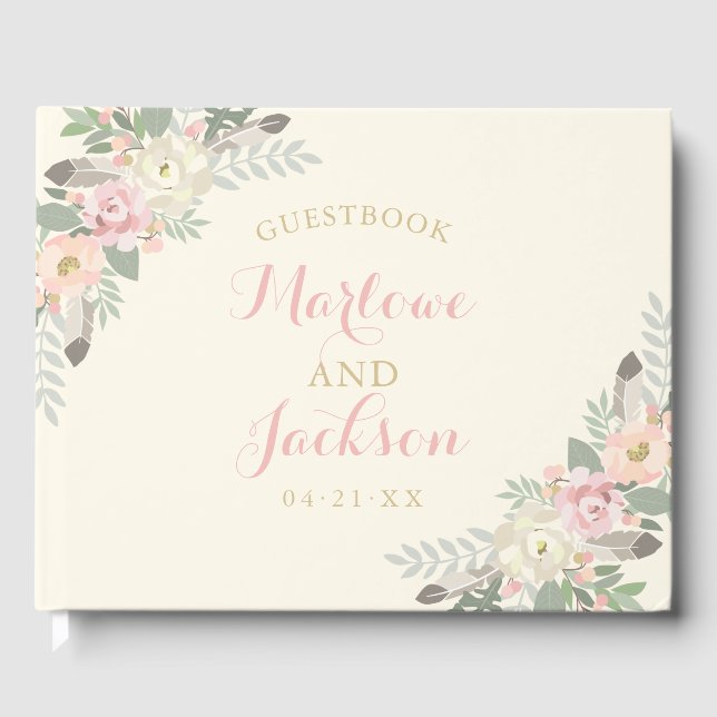 Elfenbeinrosa und Gold Floral Boho Wedding Monogra Gästebuch (Vorderseite)