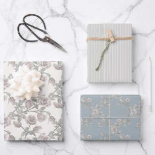 Elfenbeinrose, Salbeistreifen & Staubblaues Gitter Geschenkpapier Set