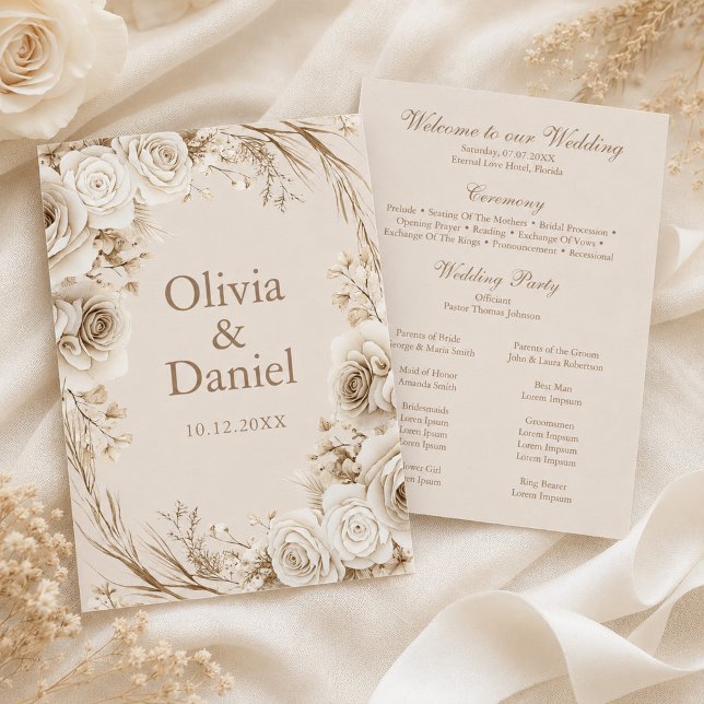 Elfenbeinrosen Beige Hochzeitszeremonie-Programm Programm (Ivory Roses Beige Wedding Ceremony Program with ivory flowers)