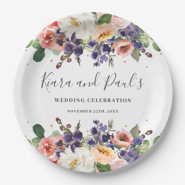 Elfenbeinrot Lila Pfirsich Blumengrün Hochzeit Pappteller (Vorderseite)