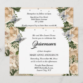 Elfenbeinschmetterling Elegante Rose Quinceanera Einladung