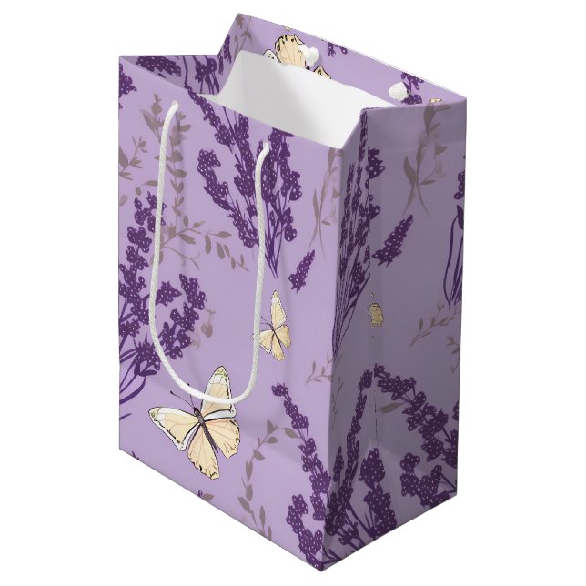 Elfenbeinschmetterlinge mit Lavendel-Blume Mittlere Geschenktüte (Vorderseite Schrägansicht)