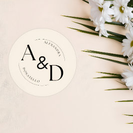 Elfenbeinschwarz-Minimalistisch-Monogramm-Hochzeit Runder Aufkleber