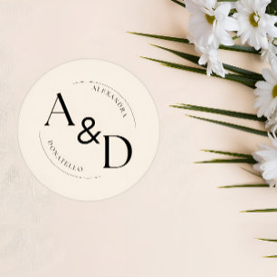 Elfenbeinschwarz-Minimalistisch-Monogramm-Hochzeit Runder Aufkleber