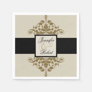 Elfenbeinschwarz und Gold Damask Hochzeit Napkin Serviette