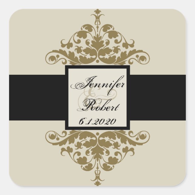 Elfenbeinschwarz und Goldene Damaskus-Hochzeitssli Quadratischer Aufkleber (Vorderseite)