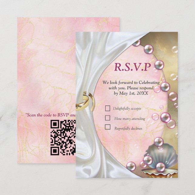 Elfenbeinseide, Goldeln und Perlen und Marmor RSVP Karte (Vorne/Hinten)