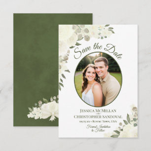 Elfenbeinweiße Aquarell-Blumen-Oval-Foto-Hochzeit Save The Date