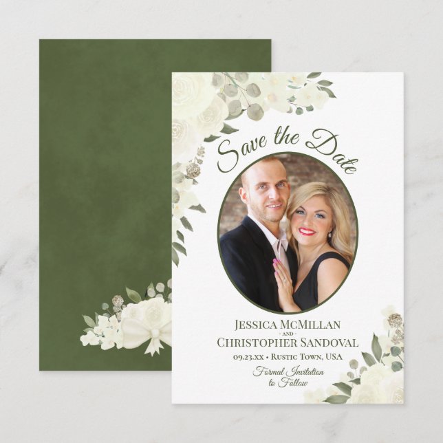 Elfenbeinweiße Aquarellfarben Oval Foto Hochzeit Save The Date (Vorne/Hinten)