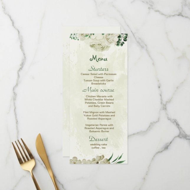 Elfenbeinweiße Blume Grüne Hochzeit Menükarte (Vorderseite/Rückseite Beispiel)