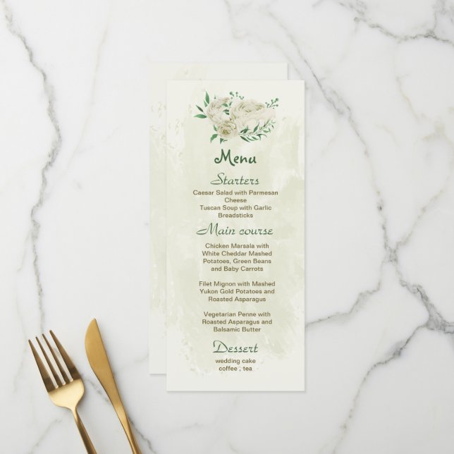Elfenbeinweiße Blume Grüne Hochzeit Menükarte (Vorderseite/Rückseite Beispiel)