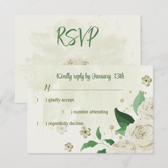 Elfenbeinweiße Blume Grüne Hochzeit RSVP Karte (Vorne/Hinten)