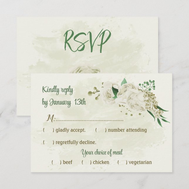 Elfenbeinweiße Blume Grüne Hochzeit RSVP Karte (Vorne/Hinten)