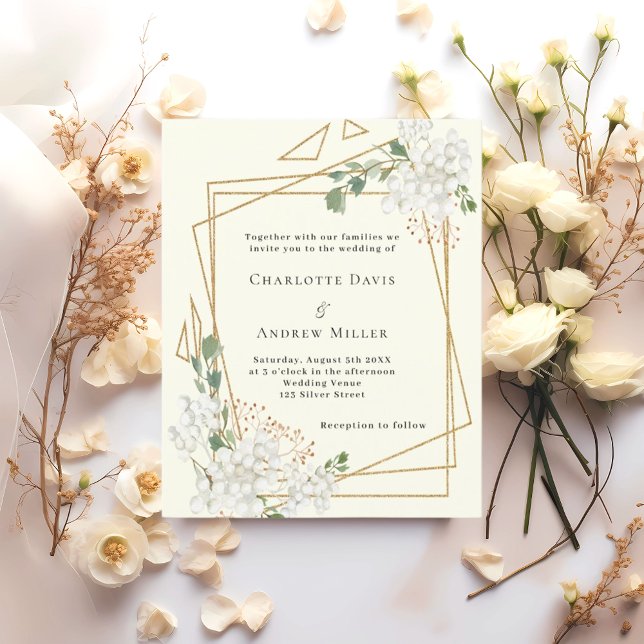 Elfenbeinweiße Blumen geometrische Hochzeitseinlad (Von Creator hochgeladen)