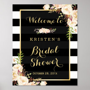 Elfenbeinweiße florale Streifen Brautdusche-Schild Poster