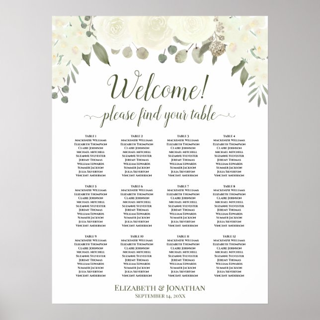 Elfenbeinweiße Rosen 12 Tabelle Hochzeitsdiagramm Poster (Vorne)