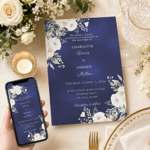 Elfenbeinweiße Rosen Blumen Blau Hochzeit Einladung