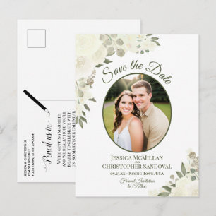 Elfenbeinweiße Rosen Oval Foto Hochzeit Vormerkung Ankündigungspostkarte